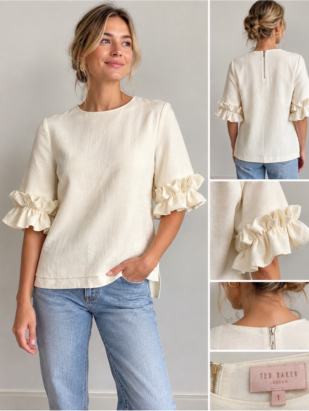 Ted Baker Ivory Ruffle Sleeve Blouse stretch with flattering silhouette